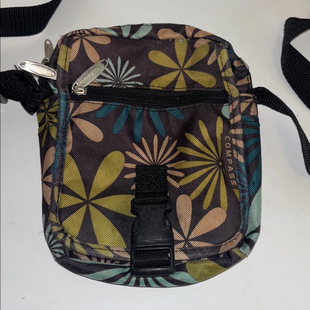 COMPASS CANVAS / NYLON CROSSBODY BAG BROWN GOLD BLUE FLORAL DESIGN MANY POCKETS